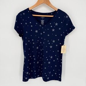 St Johns Bay Womens Shirt Navy Blue Star V-Neck Short Sleeve T-Shirt Cotton NWT